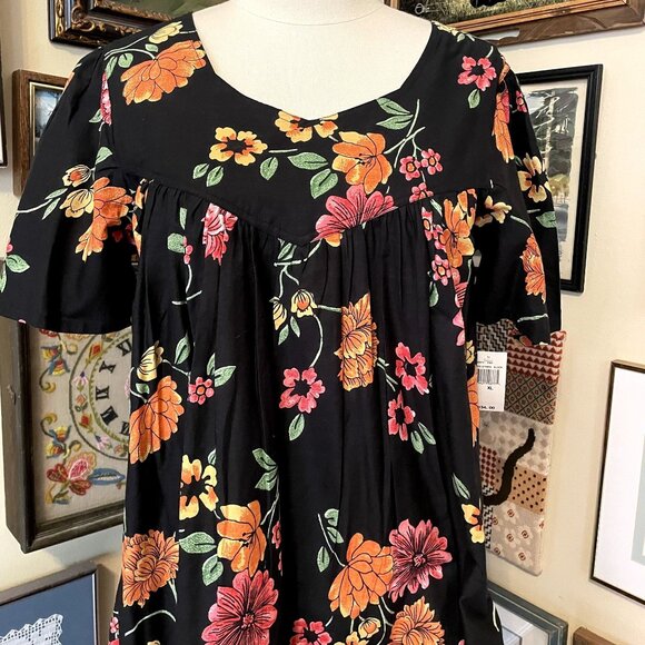 NWT Phases Black Pink Orange Floral 100% Indian Cotton Short Sleeve Midi Dress - Picture 4 of 7